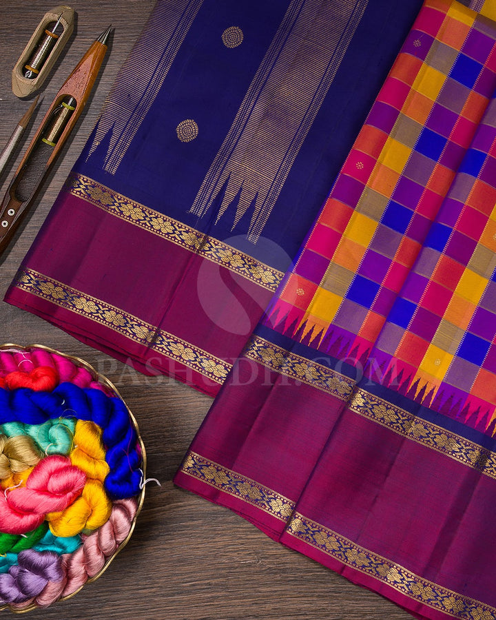 Paalum Pazhamum Checks With Navy Blue Pure Zari Kanjivaram Silk Saree-SP288