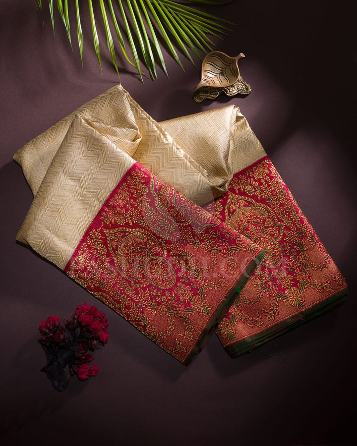 Half White,Red Shot Pink Bridal Kanjivaram Silk Saree-S1550(B)