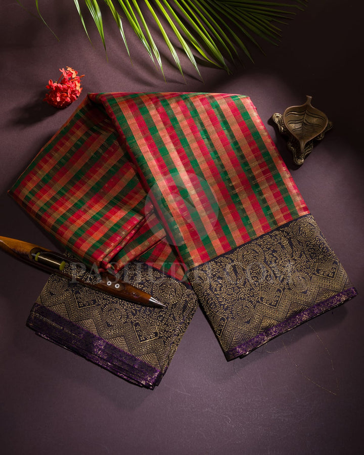 Multicolor With Aubergine And Golden Yellow Kanjivaram  Silk Saree-S1558(A)