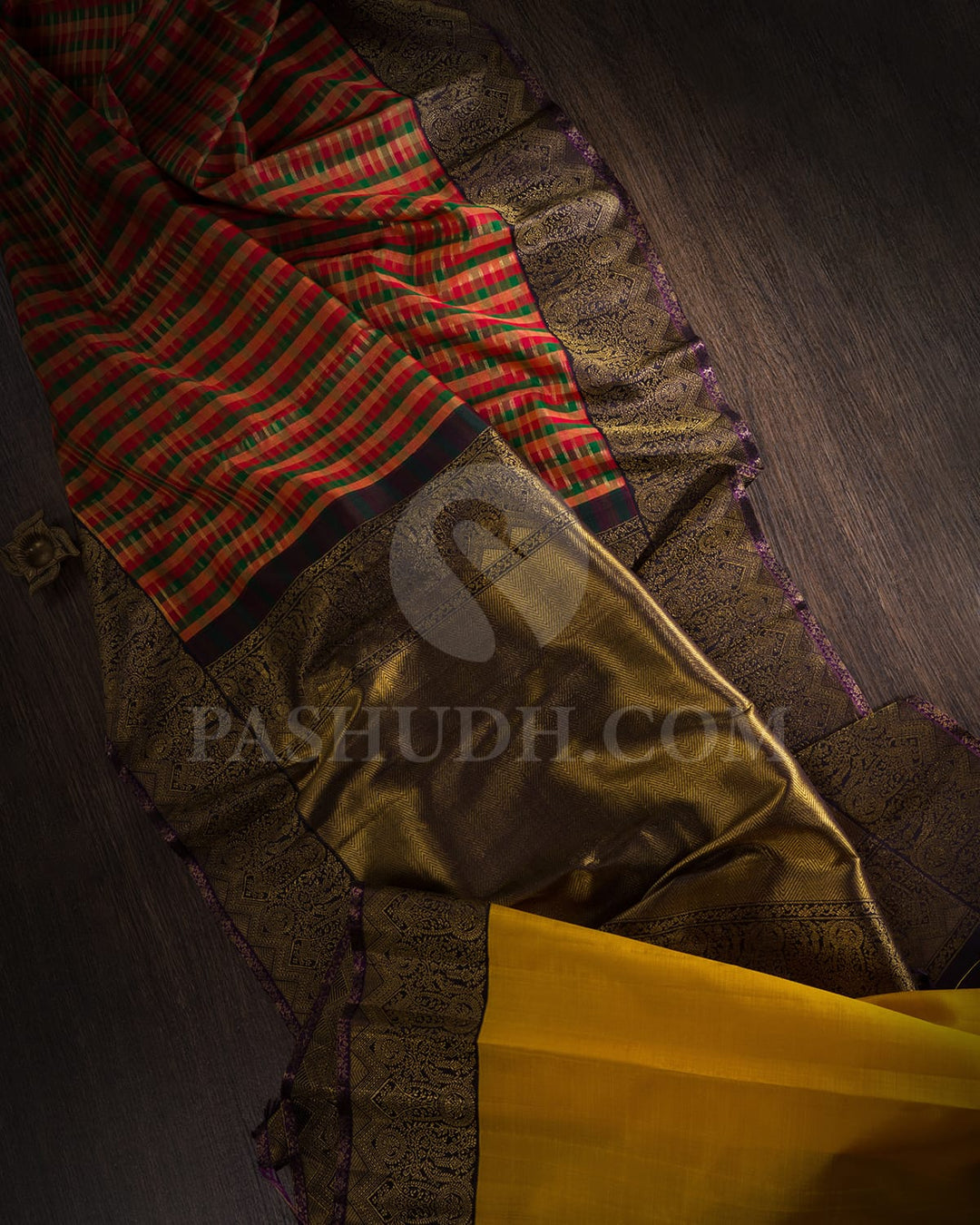 Multicolor With Aubergine And Golden Yellow Kanjivaram  Silk Saree-S1558(A)