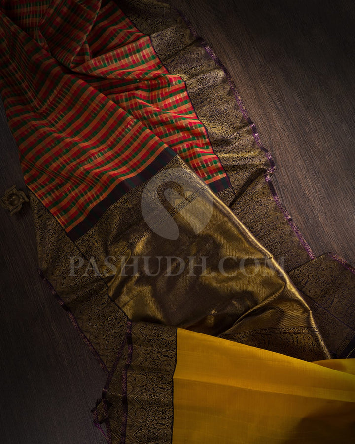Multicolor With Aubergine And Golden Yellow Kanjivaram  Silk Saree-S1558(A)