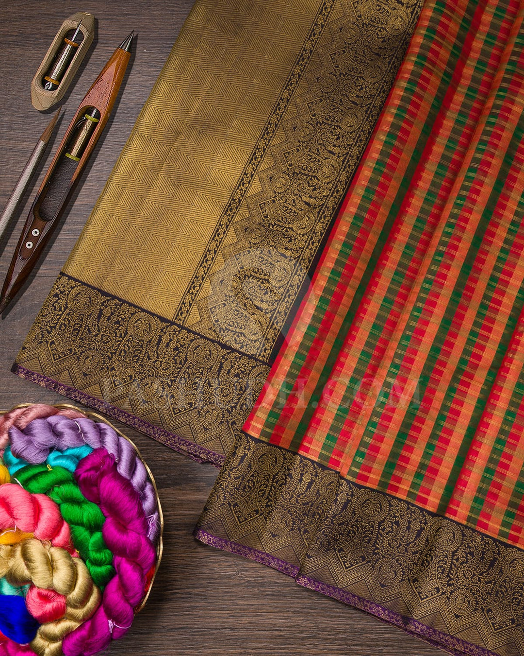 Multicolor With Aubergine And Golden Yellow Kanjivaram  Silk Saree-S1558(A)