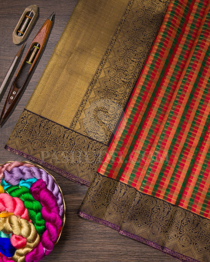 Multicolor With Aubergine And Golden Yellow Kanjivaram  Silk Saree-S1558(A)