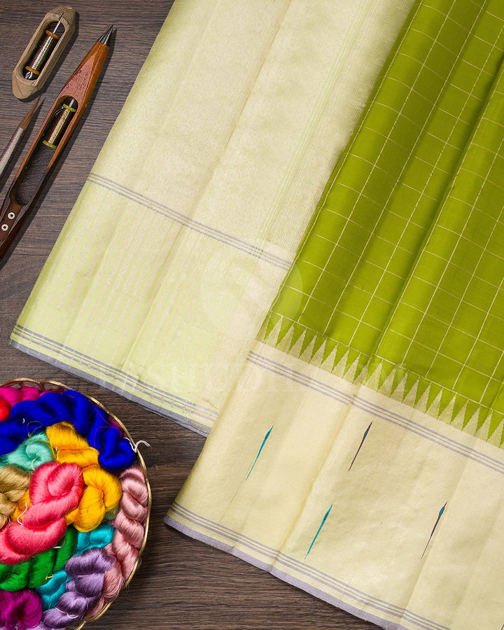 Parrot Green Kanjivaram Silk Saree With Paithani Temple Border-S1407(B)