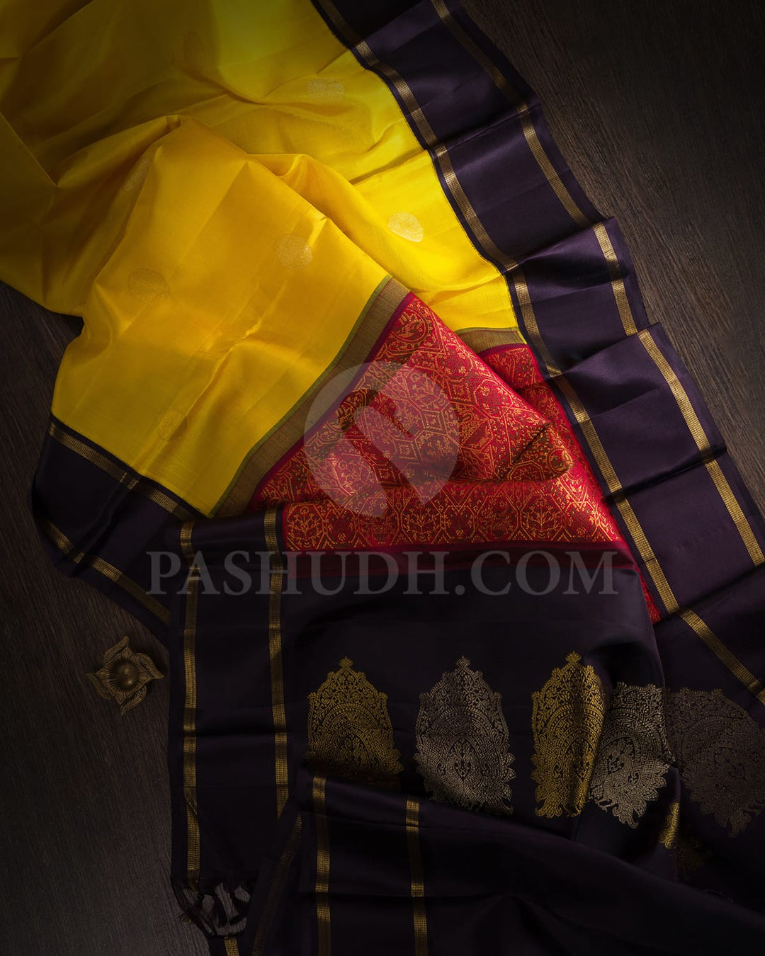 Bright Yellow And Aubergine Kanjivaram Silk Saree-S1537(C)