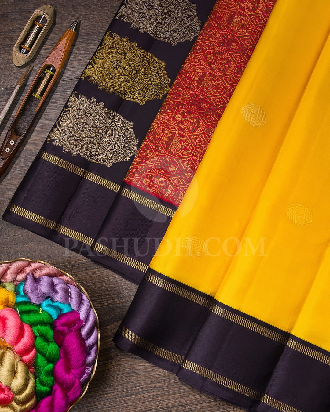 Bright Yellow And Aubergine Kanjivaram Silk Saree-S1537(C)
