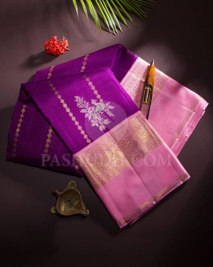 Violet With Baby Pink Kanjivaram Silk Saree-S1556(A)