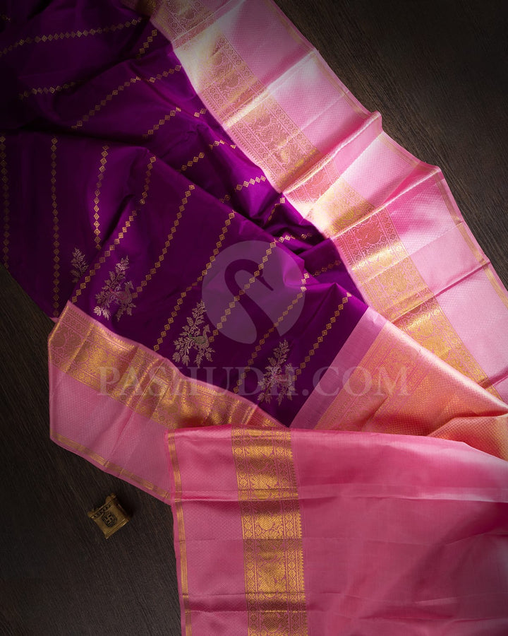 Violet With Baby Pink Kanjivaram Silk Saree-S1556(A)