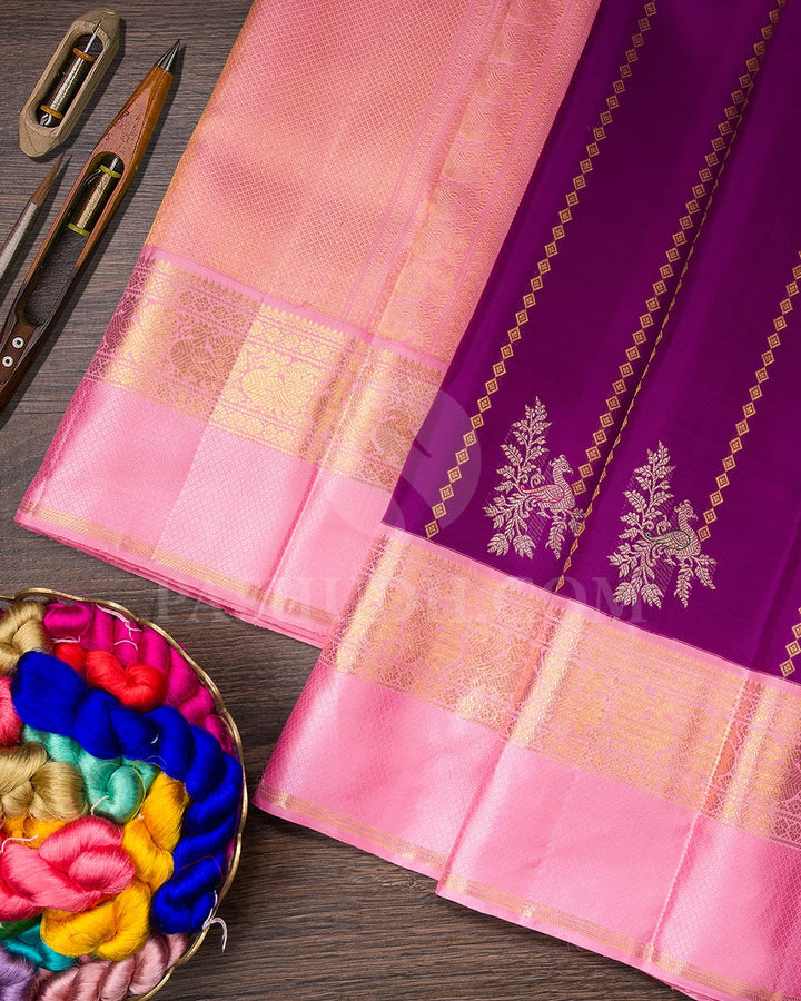 Violet With Baby Pink Kanjivaram Silk Saree-S1556(A)