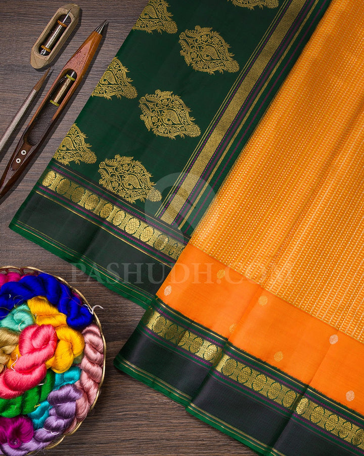 Orange With Forest Green Kanjivaram Silk Saree-S1561(A)