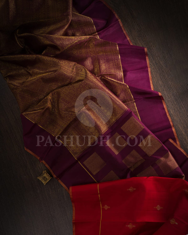 Chocolate Brown With Red Kanjivaram Silk Saree-S1555(A)