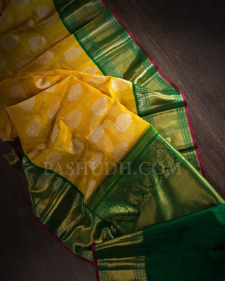 Mango Yellow With Emerald Green Pure Zari Kanjivaram Silk Saree-P200(A)