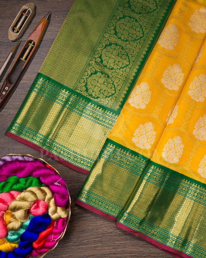 Mango Yellow With Emerald Green Pure Zari Kanjivaram Silk Saree-P200(A)