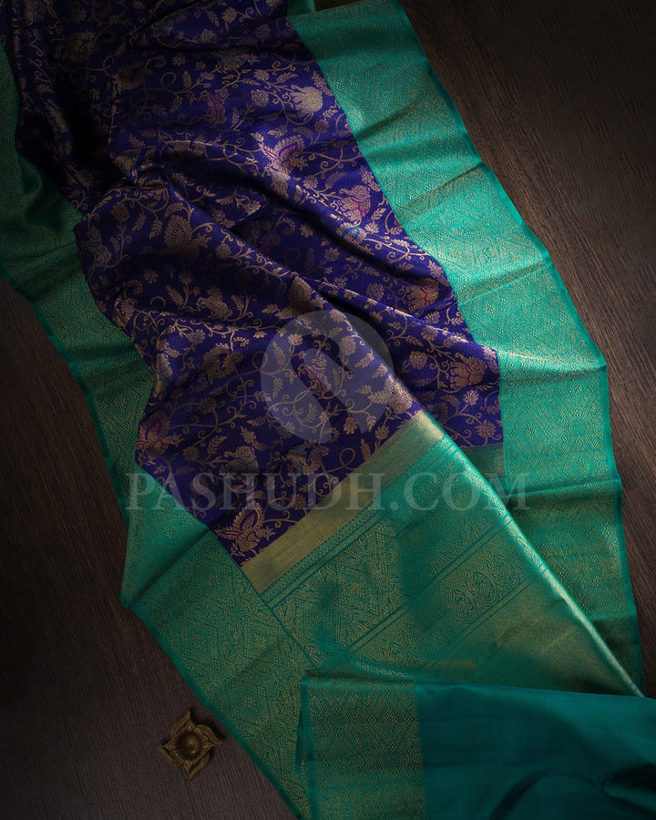 Royal Blue And Turquoise Blue Pure Zari Bridal Kanjivaram Silk Saree-P201(A)