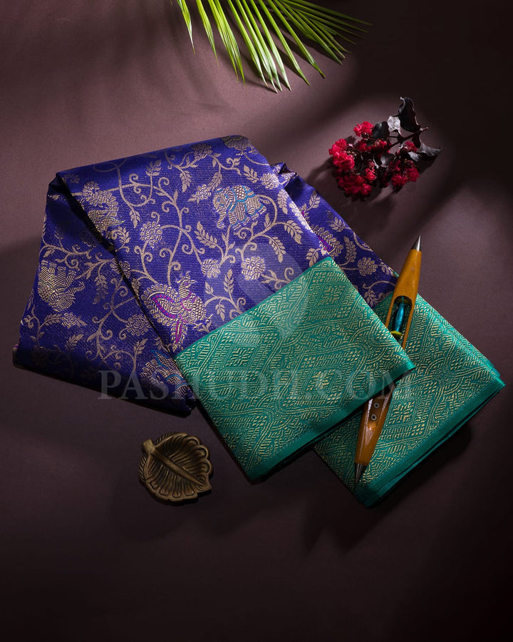 Royal Blue And Turquoise Blue Pure Zari Bridal Kanjivaram Silk Saree-P201(A)