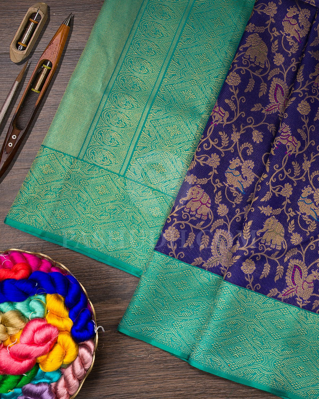 Royal Blue And Turquoise Blue Pure Zari Bridal Kanjivaram Silk Saree-P201(A)