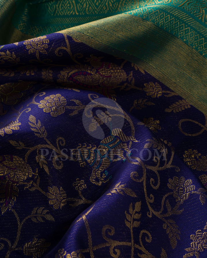 Royal Blue And Turquoise Blue Pure Zari Bridal Kanjivaram Silk Saree-P201(A)