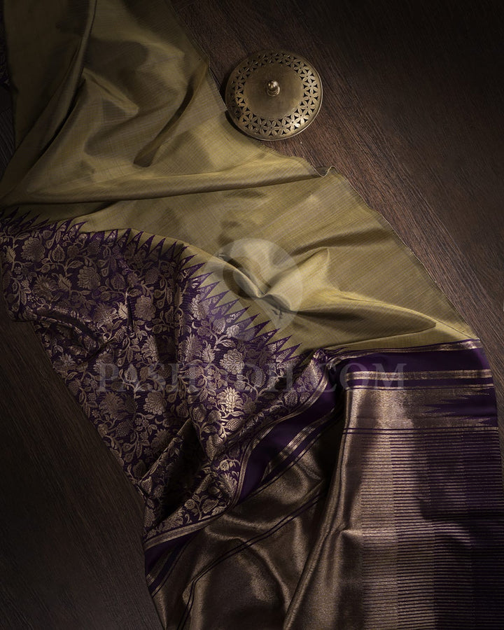 Greige And Deep Purple Kanjivaram Silk Saree-S1063(D)