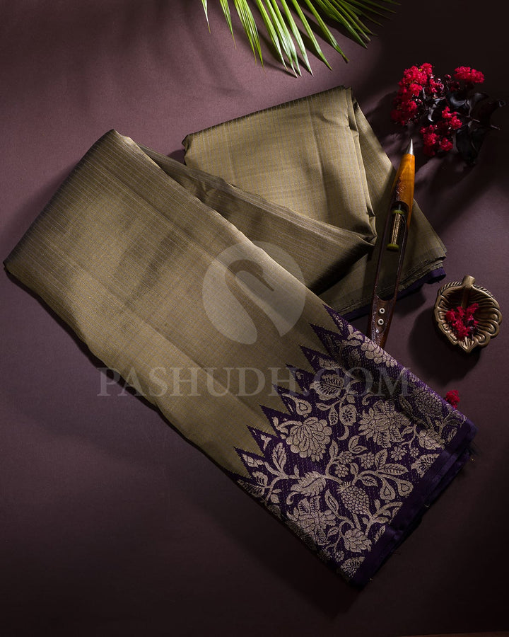 Greige And Deep Purple Kanjivaram Silk Saree-S1063(D)