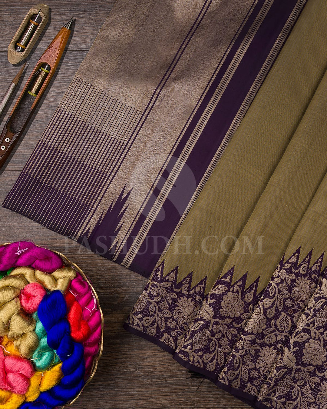 Greige And Deep Purple Kanjivaram Silk Saree-S1063(D)