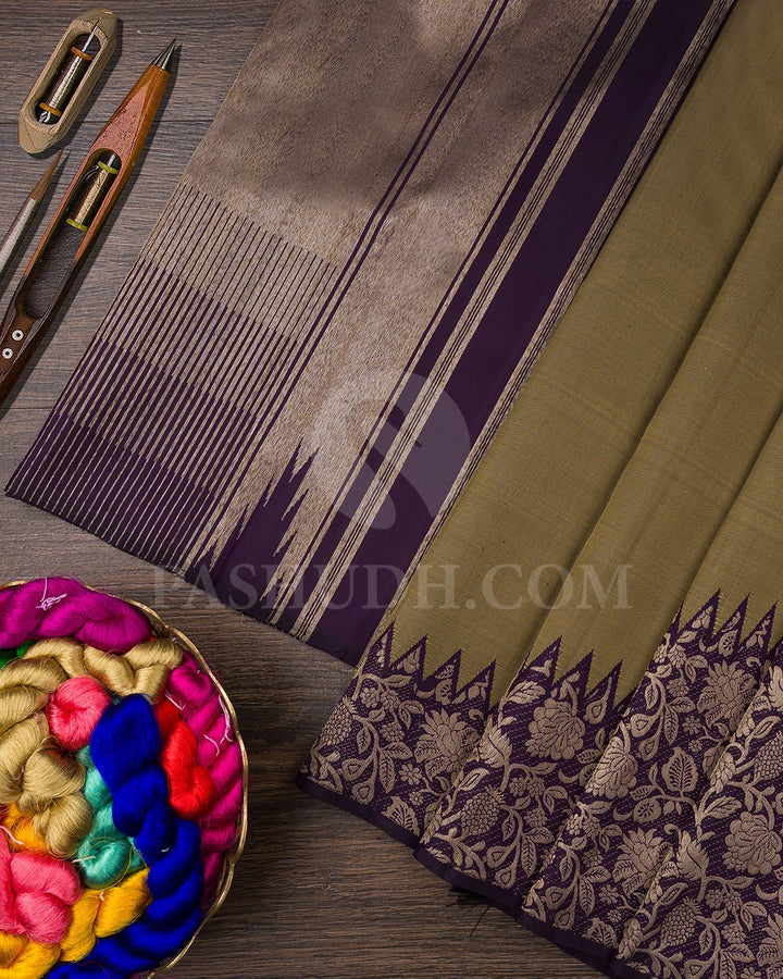 Greige And Deep Purple Kanjivaram Silk Saree-S1063(D)