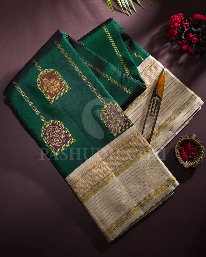 Bottle Green And Half White Kanjivaram Silk Saree-S1534(B)