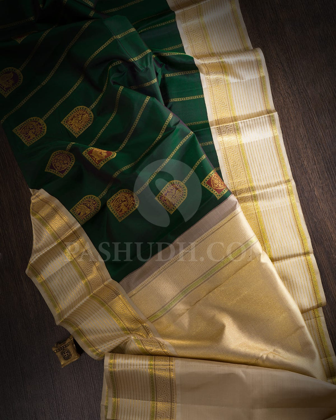 Bottle Green And Half White Kanjivaram Silk Saree-S1534(B)