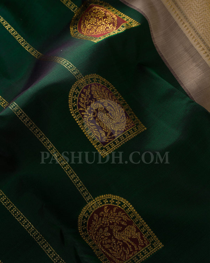 Bottle Green And Half White Kanjivaram Silk Saree-S1534(B)