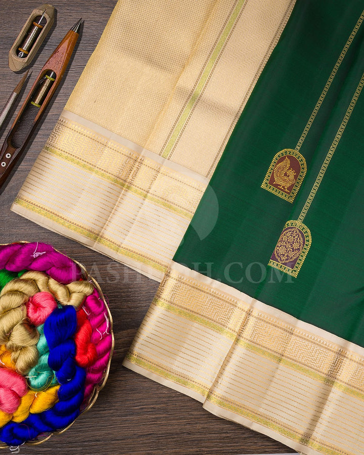 Bottle Green And Half White Kanjivaram Silk Saree-S1534(B)