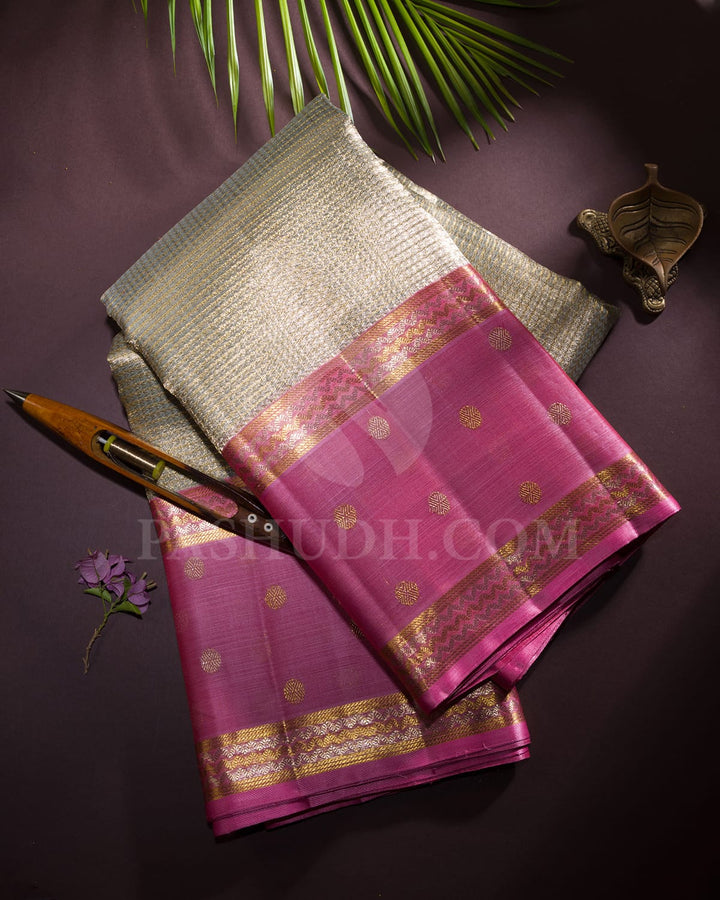 Gold Silver Organza With Rose Pink Kanjivaram Silk Saree-S1441(B)