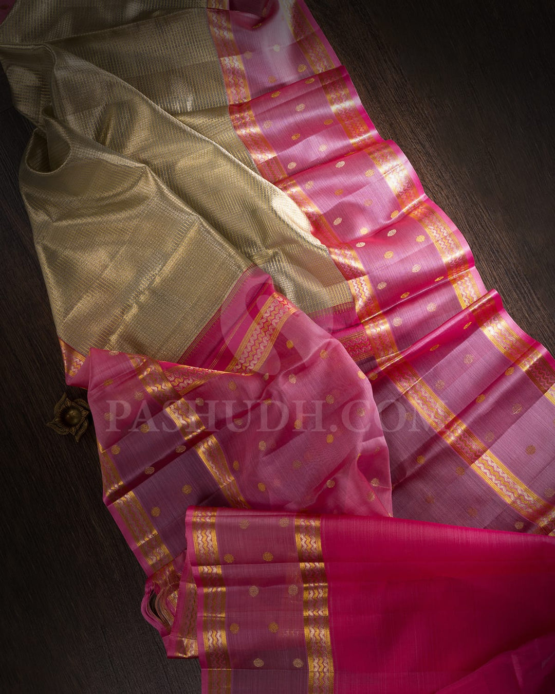 Gold Silver Organza With Rose Pink Kanjivaram Silk Saree-S1441(B)