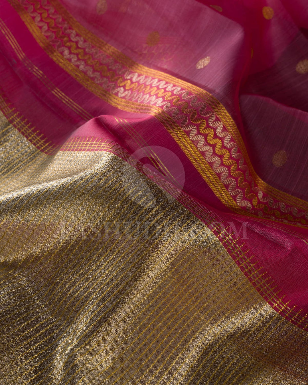 Gold Silver Organza With Rose Pink Kanjivaram Silk Saree-S1441(B)