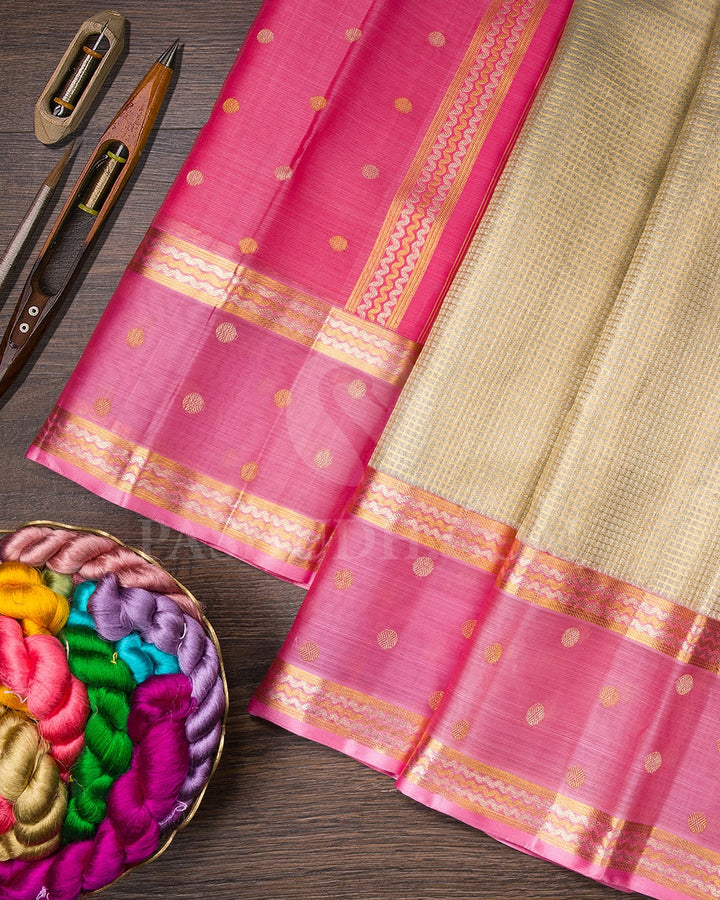 Gold Silver Organza With Rose Pink Kanjivaram Silk Saree-S1441(B)