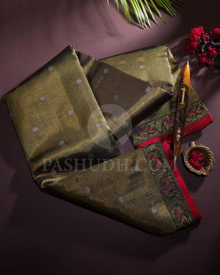 Bottle Green Pure Zari Tissue Kanjivaram Silk Saree-P202(A)