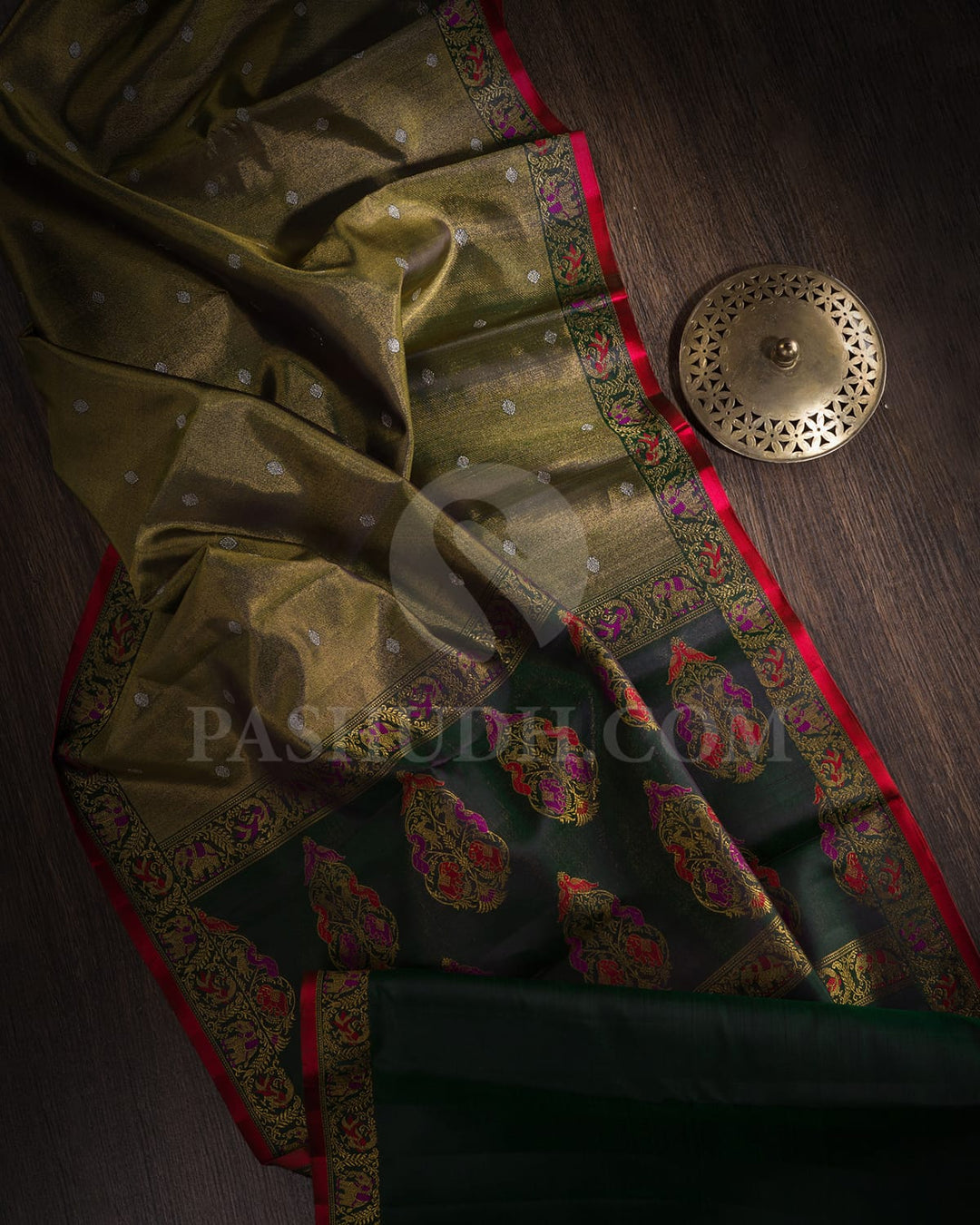 Bottle Green Pure Zari Tissue Kanjivaram Silk Saree-P202(A)