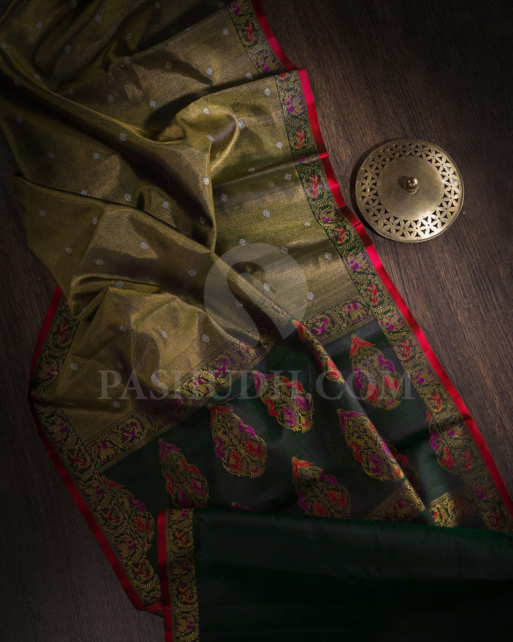 Bottle Green Pure Zari Tissue Kanjivaram Silk Saree-P202(A)