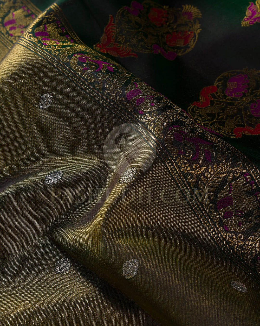 Bottle Green Pure Zari Tissue Kanjivaram Silk Saree-P202(A)