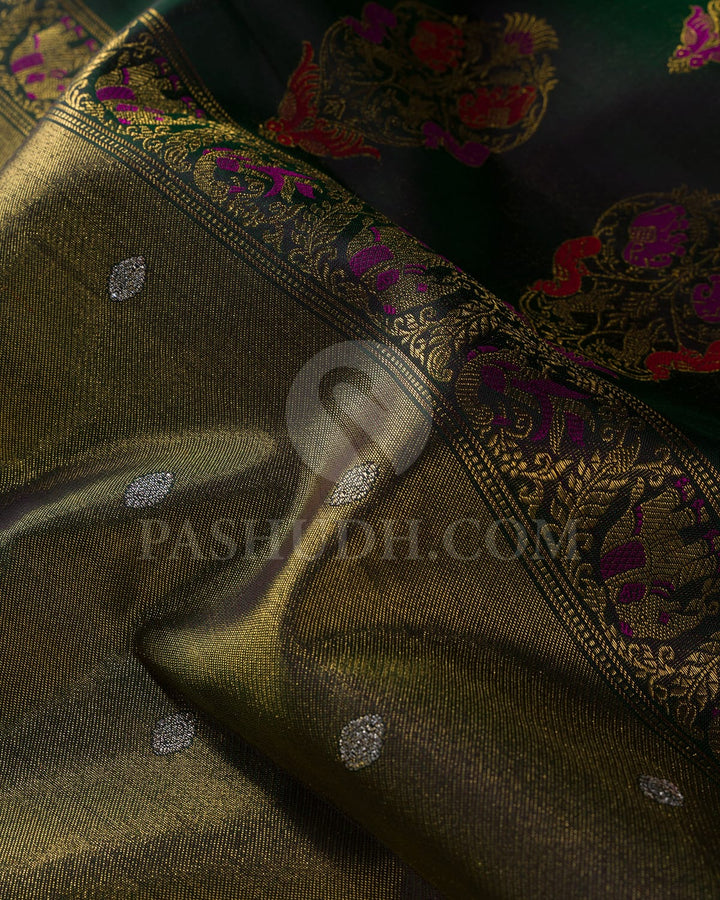 Bottle Green Pure Zari Tissue Kanjivaram Silk Saree-P202(A)