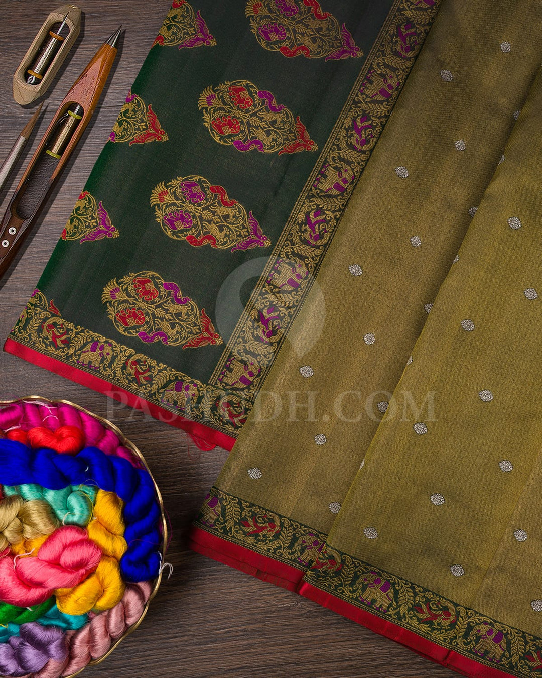 Bottle Green Pure Zari Tissue Kanjivaram Silk Saree-P202(A)