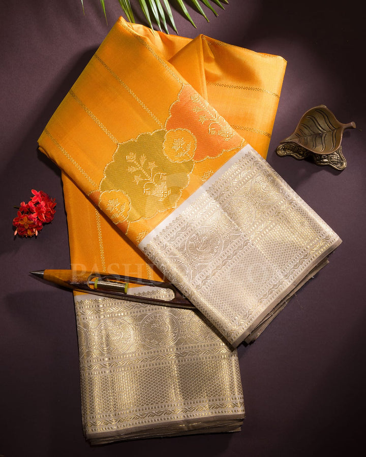 Mango Yellow With Half White Kanjivaram Silk Saree-S1536(B)