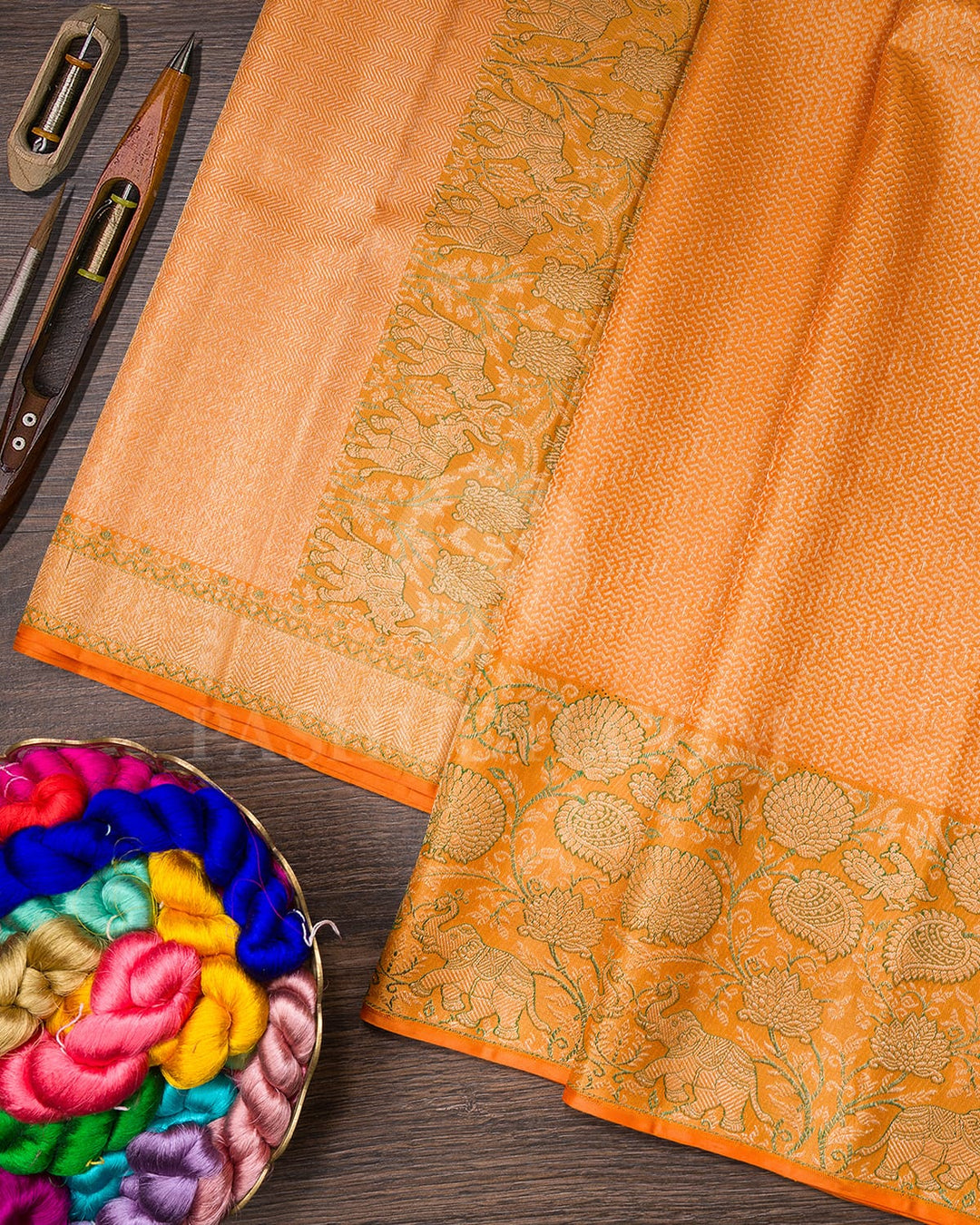 Pastel Orange With Green Kanjivaram Silk Saree-S1559(A)
