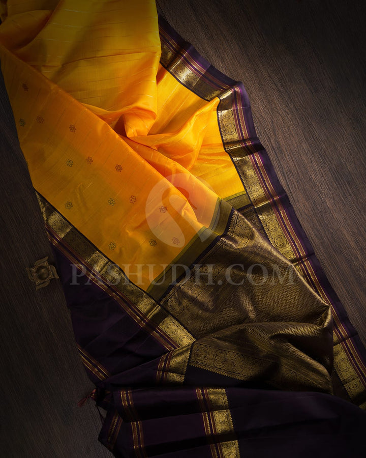Bright Yellow And Aubergine Kanjivaram Silk Saree-S1515(B)