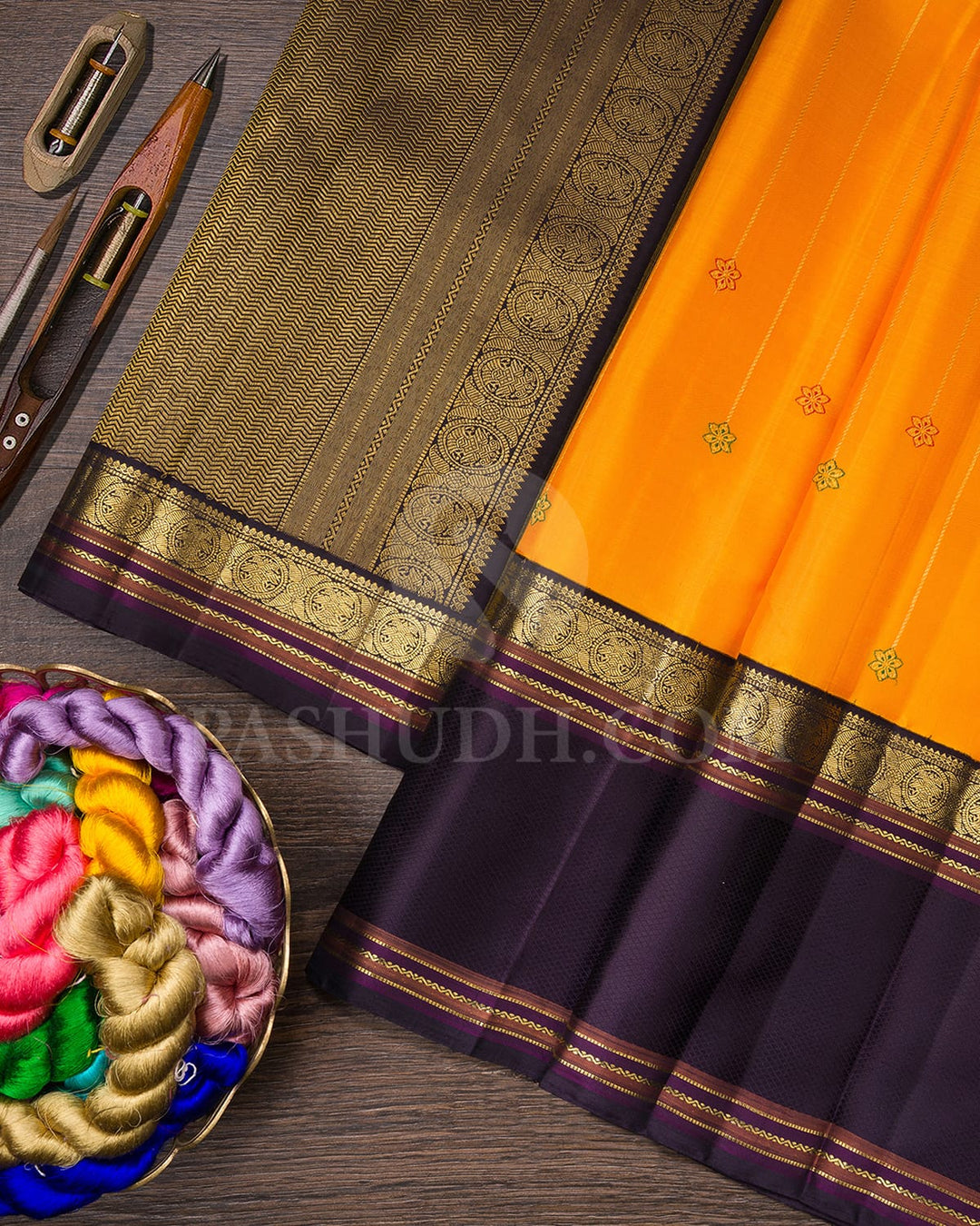 Bright Yellow And Aubergine Kanjivaram Silk Saree-S1515(B)