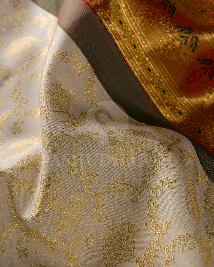 Half White And Red Bridal Kanjivaram Silk Saree-S1037(C)