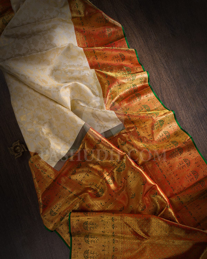 Half White And Red Bridal Kanjivaram Silk Saree-S1037(C)