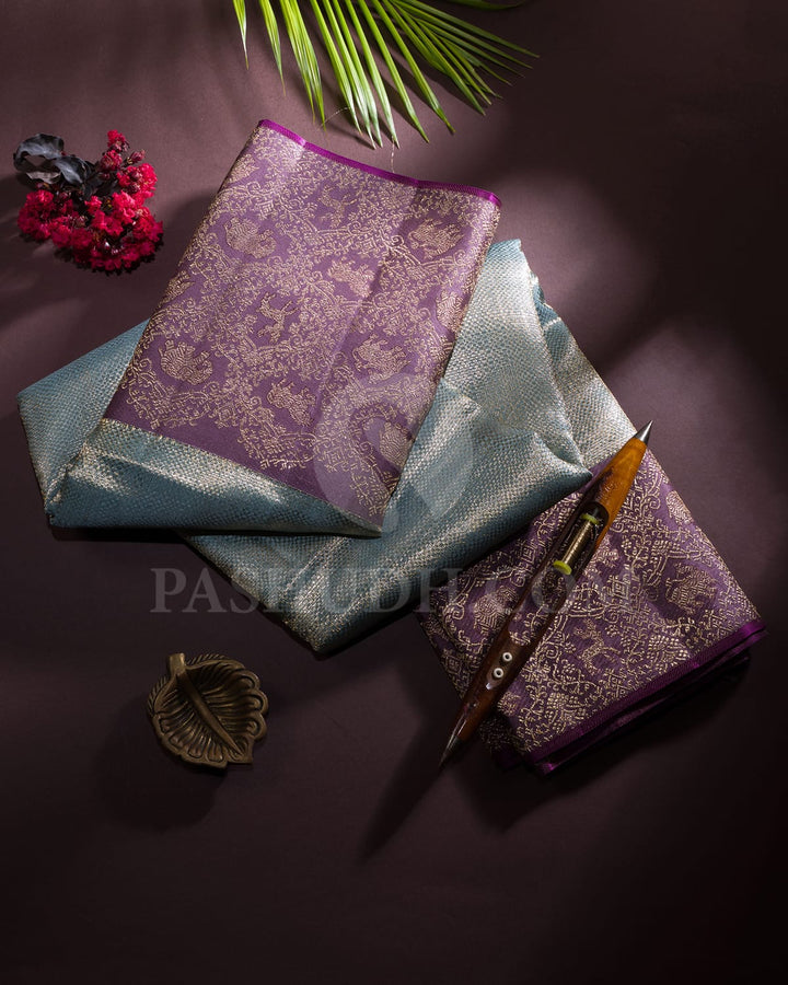 Powder Blue And Mauve Kanjivaram Silk Saree-S1551(A)