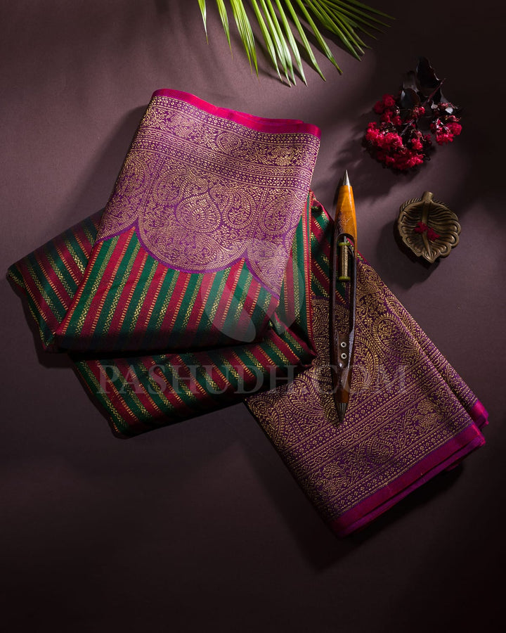 Maroon, Bottle Green And Purple Kanjivaram Silk Saree-S1517(C)