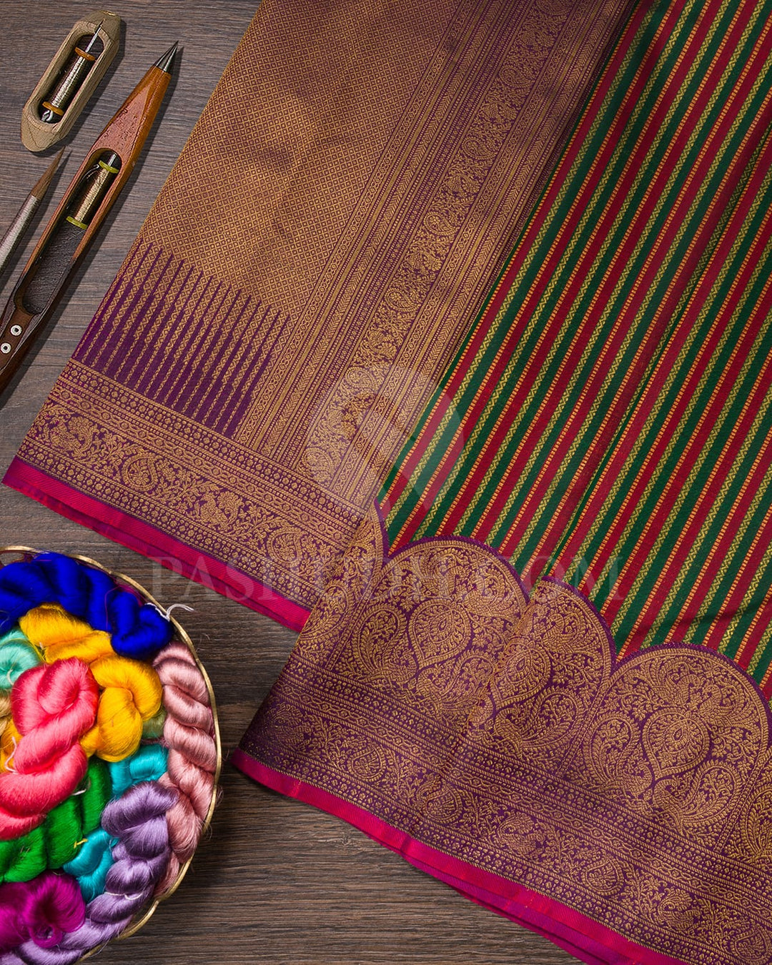 Maroon, Bottle Green And Purple Kanjivaram Silk Saree-S1517(C)