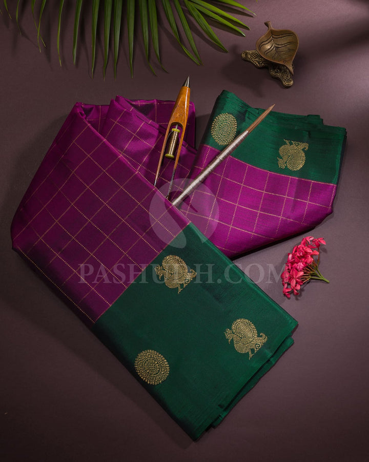 Violet And Bottle Green Pure Zari Kanjivaram Silk Saree-SP324