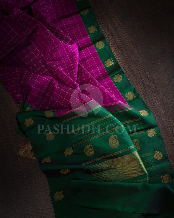 Violet And Bottle Green Pure Zari Kanjivaram Silk Saree-SP324